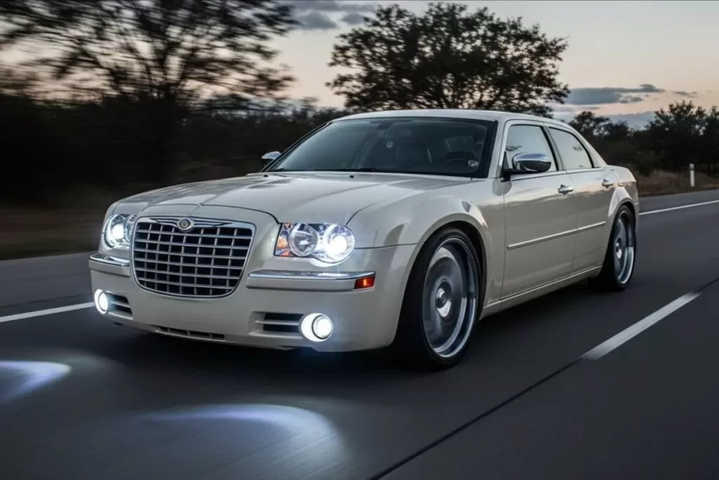 300C 2.7L blanco en carretera con luces led blancas