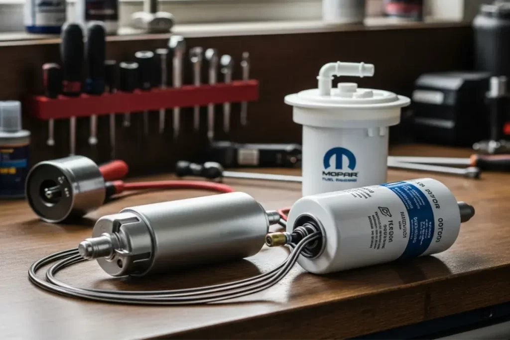 Bomba de combustible y filtro de gasolina Mopar Bomba de combustible y filtro de gasolina sobre la mesa de trabajo de un taller mecánico