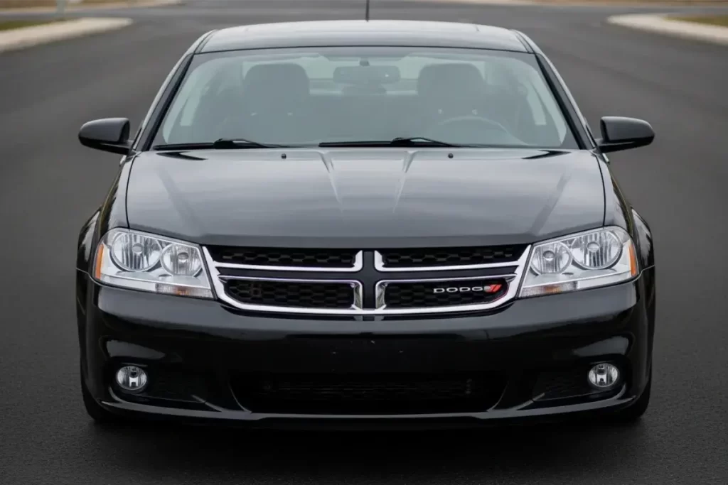 Dodge Avenger negro en la carretera visto de frente