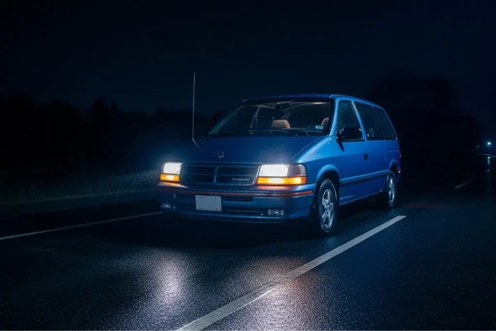 Dodge Caravan 3.0L en la carretera de noche con luces encendidas