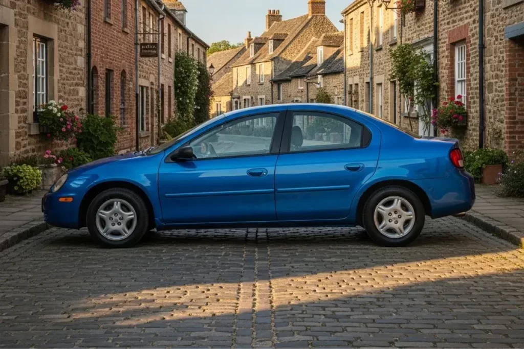 Dodge neo azul en la calle adoquinada de un pueblo