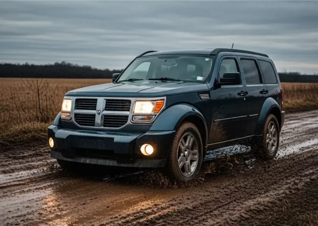 Dodge nitro 2.8L azul en un terreno fangoso 