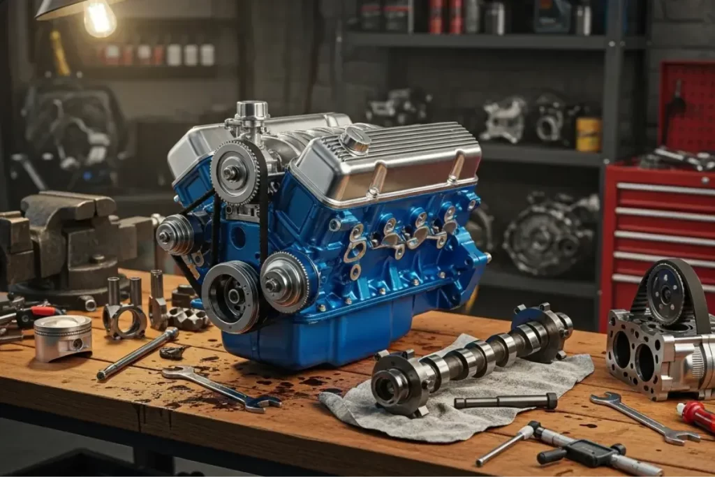 Motor Chrysler Motor Chrysler bloque azul sobre una mesa de trabajo | ficha técnica Dodge